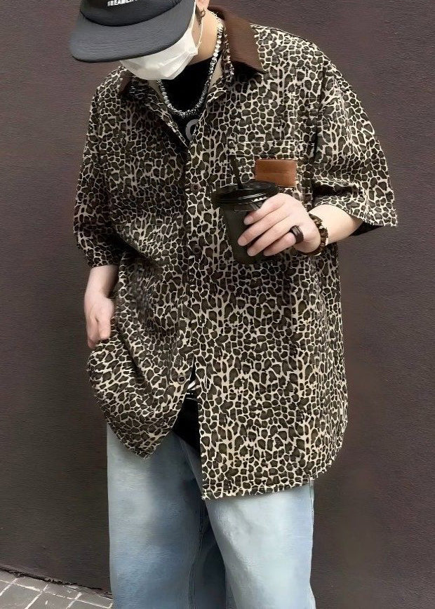 Unique Leopard Pockets Corduroy Patchwork Men Shirts Half Sleeve