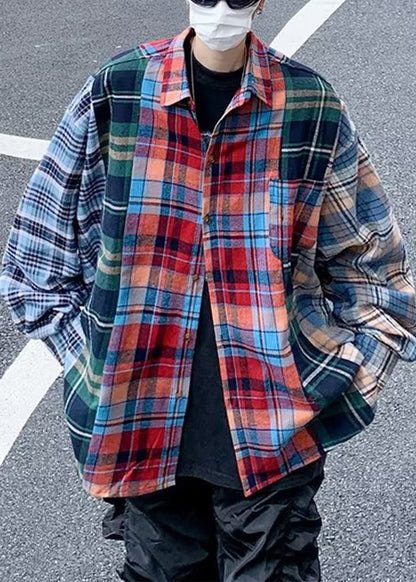 Unique Peter Pan Collar Plaid Patchwork Cotton Men Shirts Spring