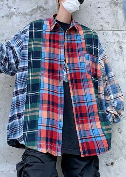 Unique Peter Pan Collar Plaid Patchwork Cotton Men Shirts Spring