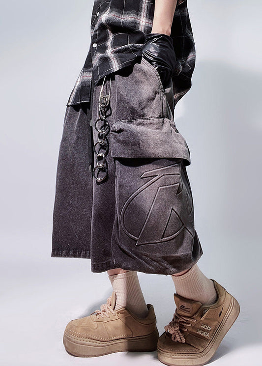 Vintage Black Pockets Elastic Waist Oversized Denim Men Shorts Summer