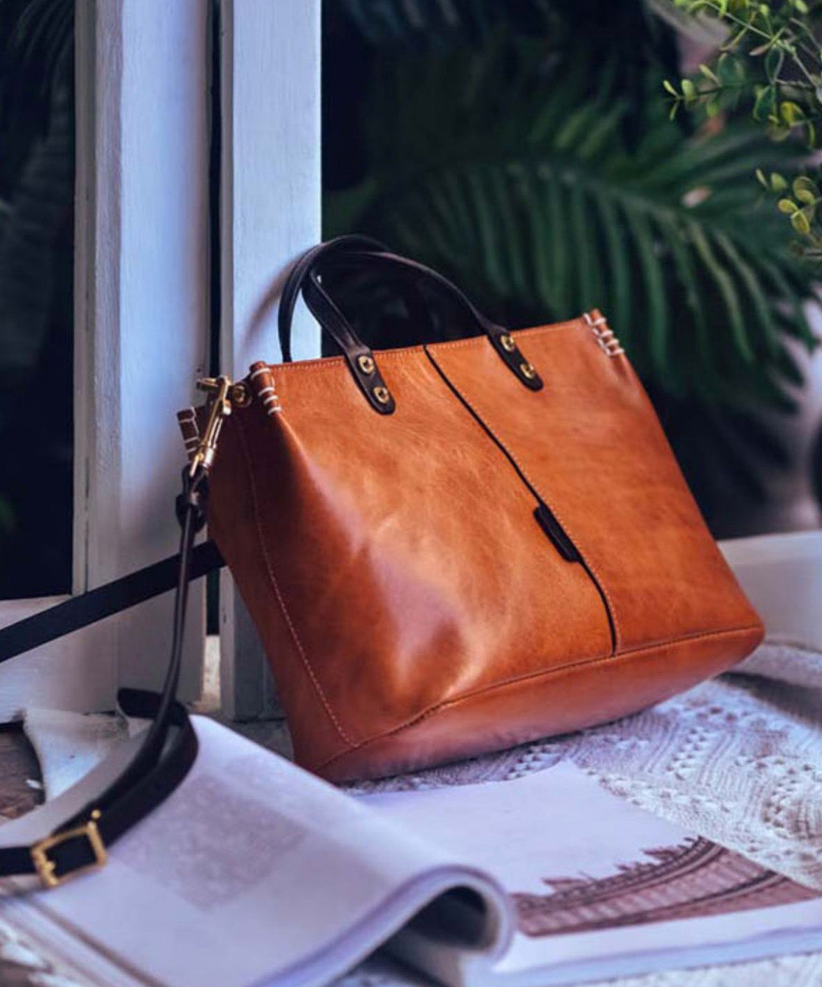 Vintage Handbag Large Durable Tote Brown Leather