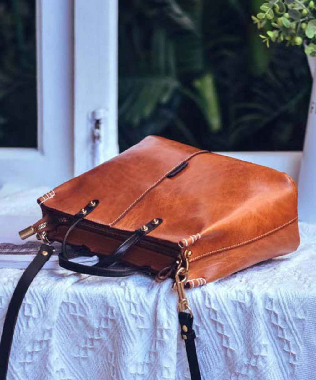 Vintage Handbag Large Durable Tote Brown Leather