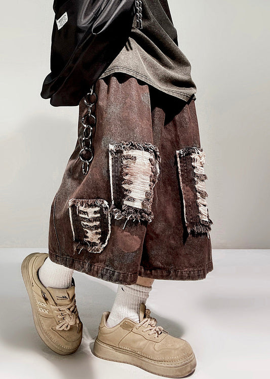 Vintage Hole Elastic Waist Oversized Denim Men Shorts Summer