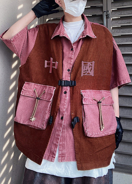 Vintage Pink Oversized Patchwork False Two Pieces Men Shirts Half Sleeve