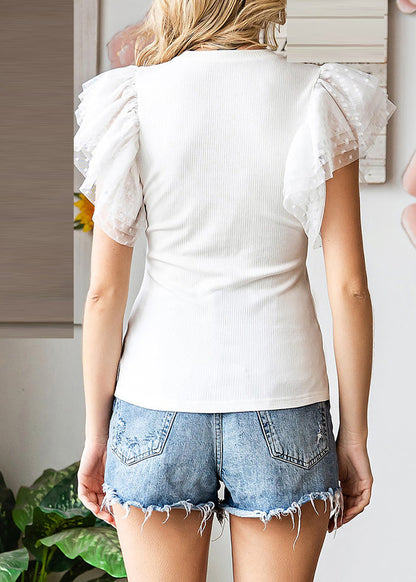 O-Neck Top White Solid Sleeve Flare Knit