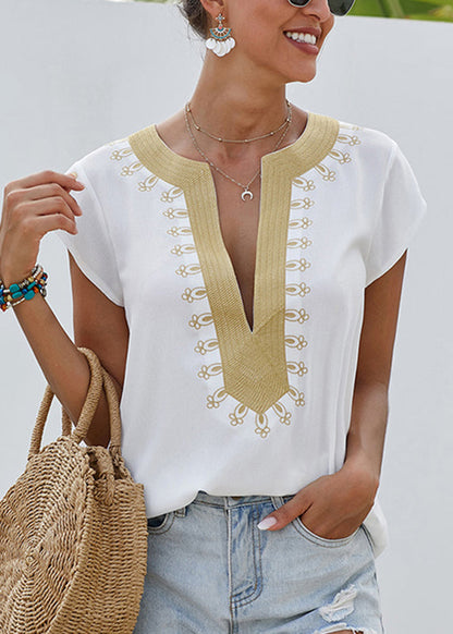 Print Solid Short Tops Sleeve White