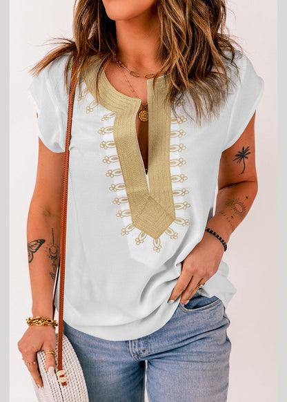 Print Solid Short Tops Sleeve White