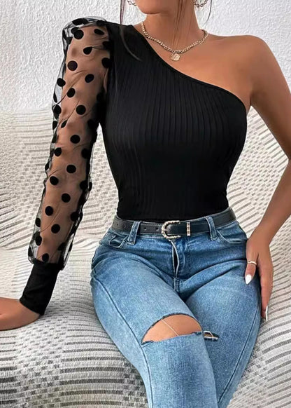 Women 2025 Black Shoulder Single Sleeved Patchwork Top