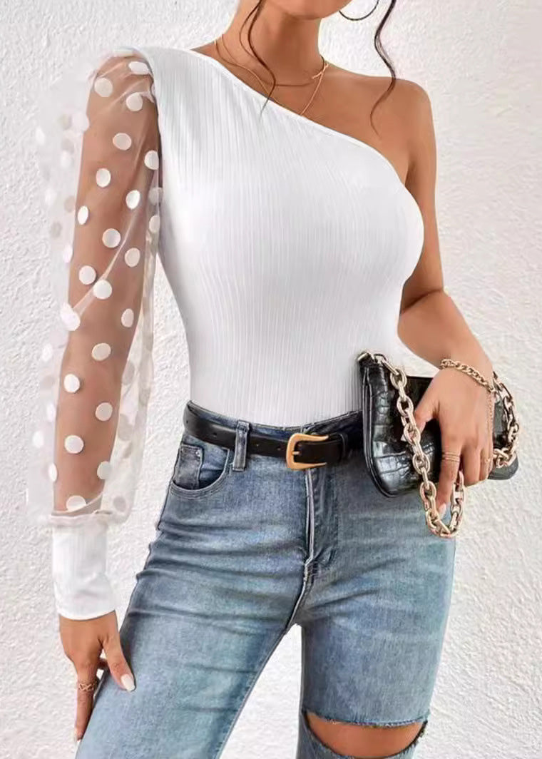 Women 2025 Black Shoulder Single Sleeved Patchwork Top