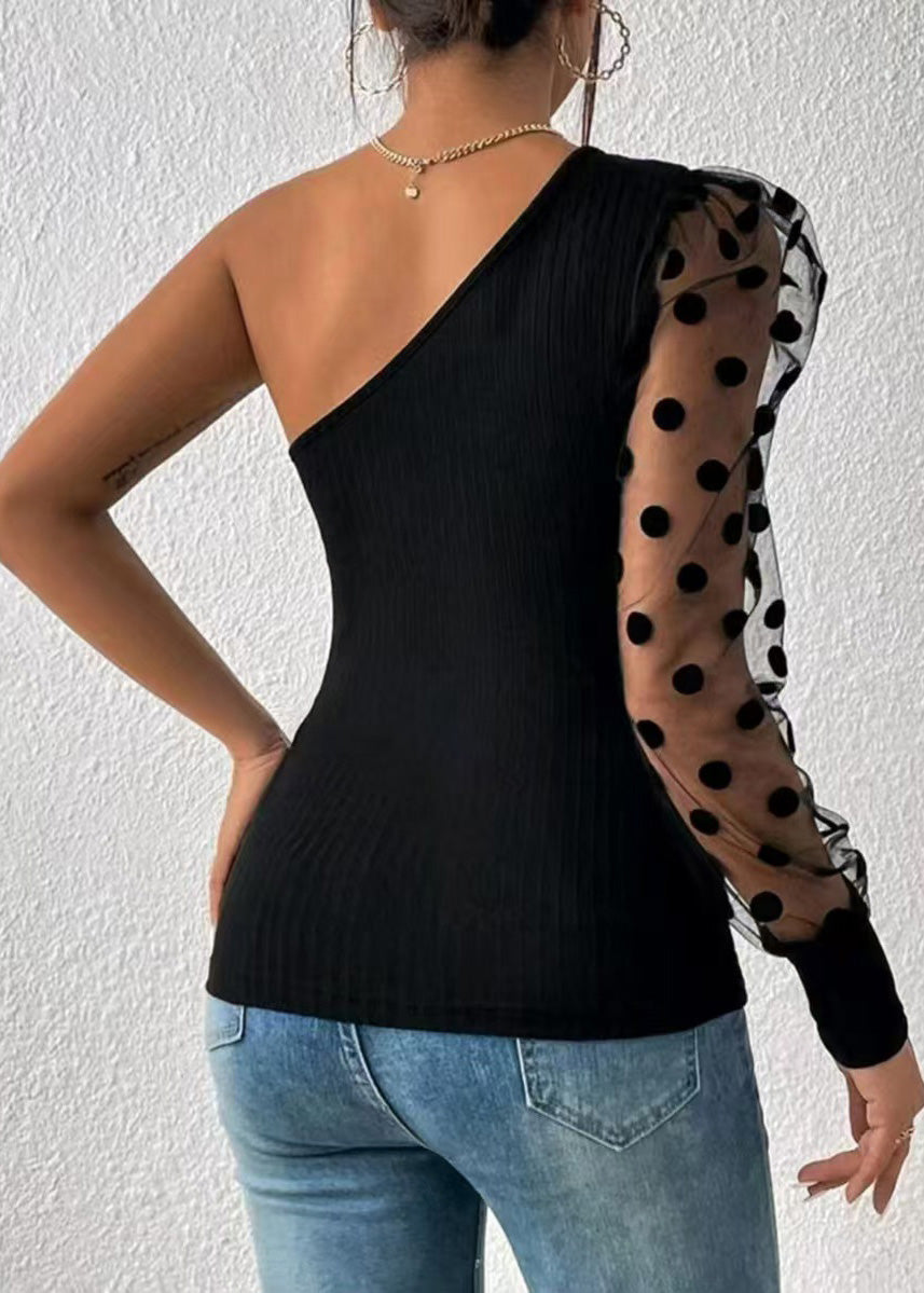 Women 2025 Black Shoulder Single Sleeved Patchwork Top