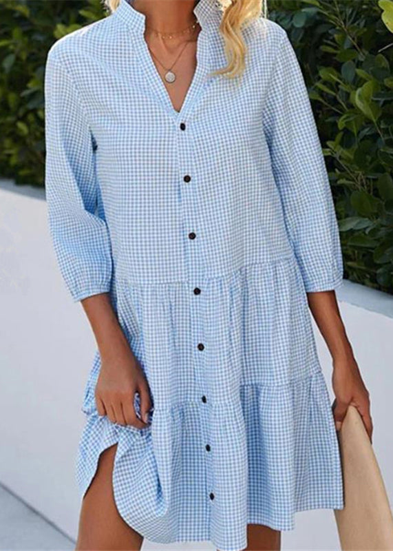 Dress Blue Plaid Stand Fall Mid Women Collar Button Shirts