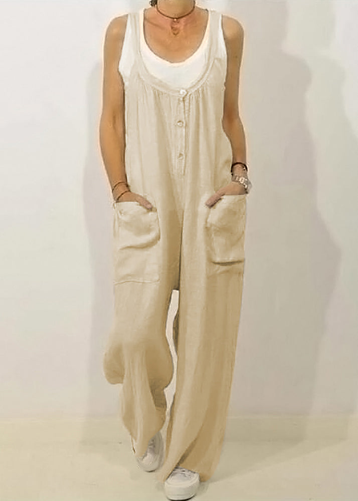 Women Khaki O-Neck Button Solid Jumpsuits Sleeveless