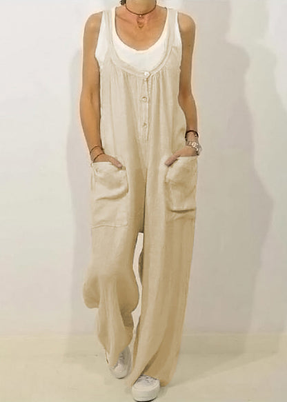 Women Khaki O-Neck Button Solid Jumpsuits Sleeveless