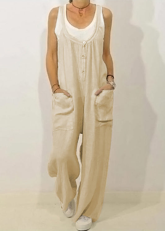 Women Khaki O-Neck Button Solid Jumpsuits Sleeveless