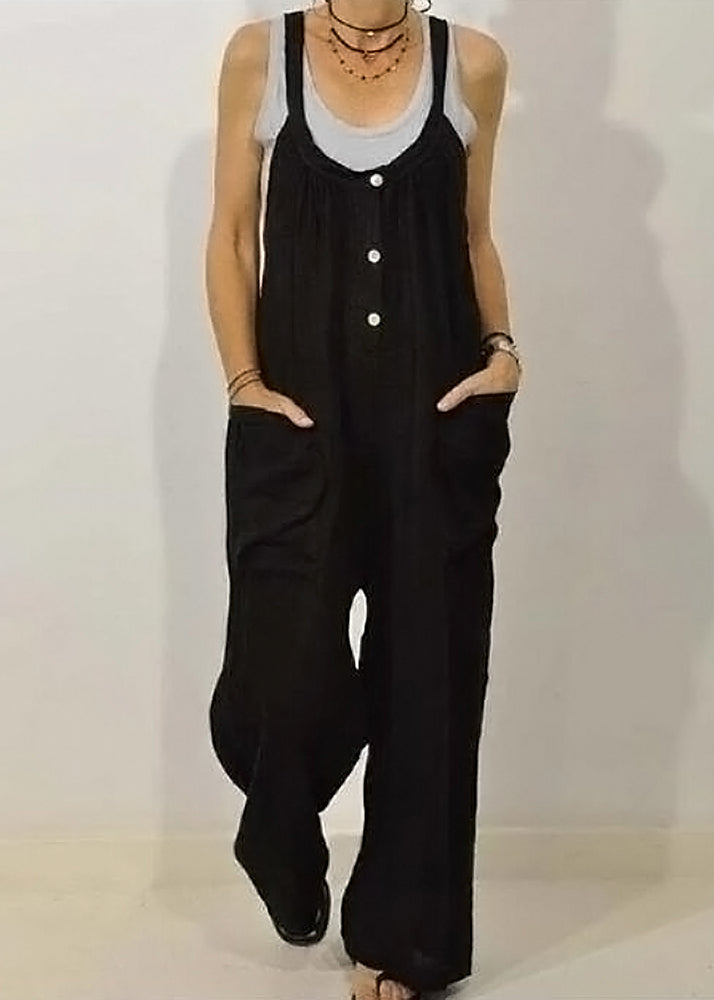 Women Khaki O-Neck Button Solid Jumpsuits Sleeveless