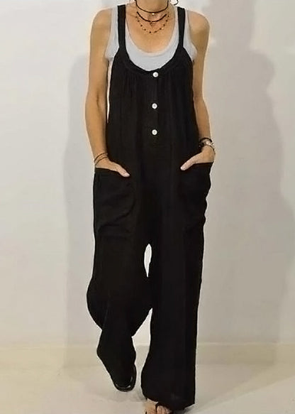 Women Khaki O-Neck Button Solid Jumpsuits Sleeveless