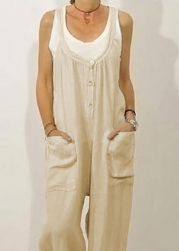 Women Khaki O-Neck Button Solid Jumpsuits Sleeveless