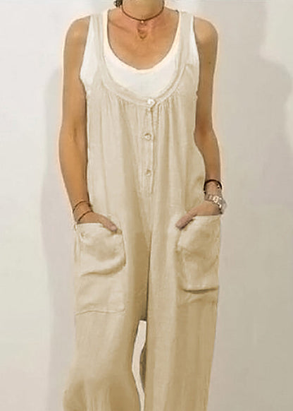Women Khaki O-Neck Button Solid Jumpsuits Sleeveless