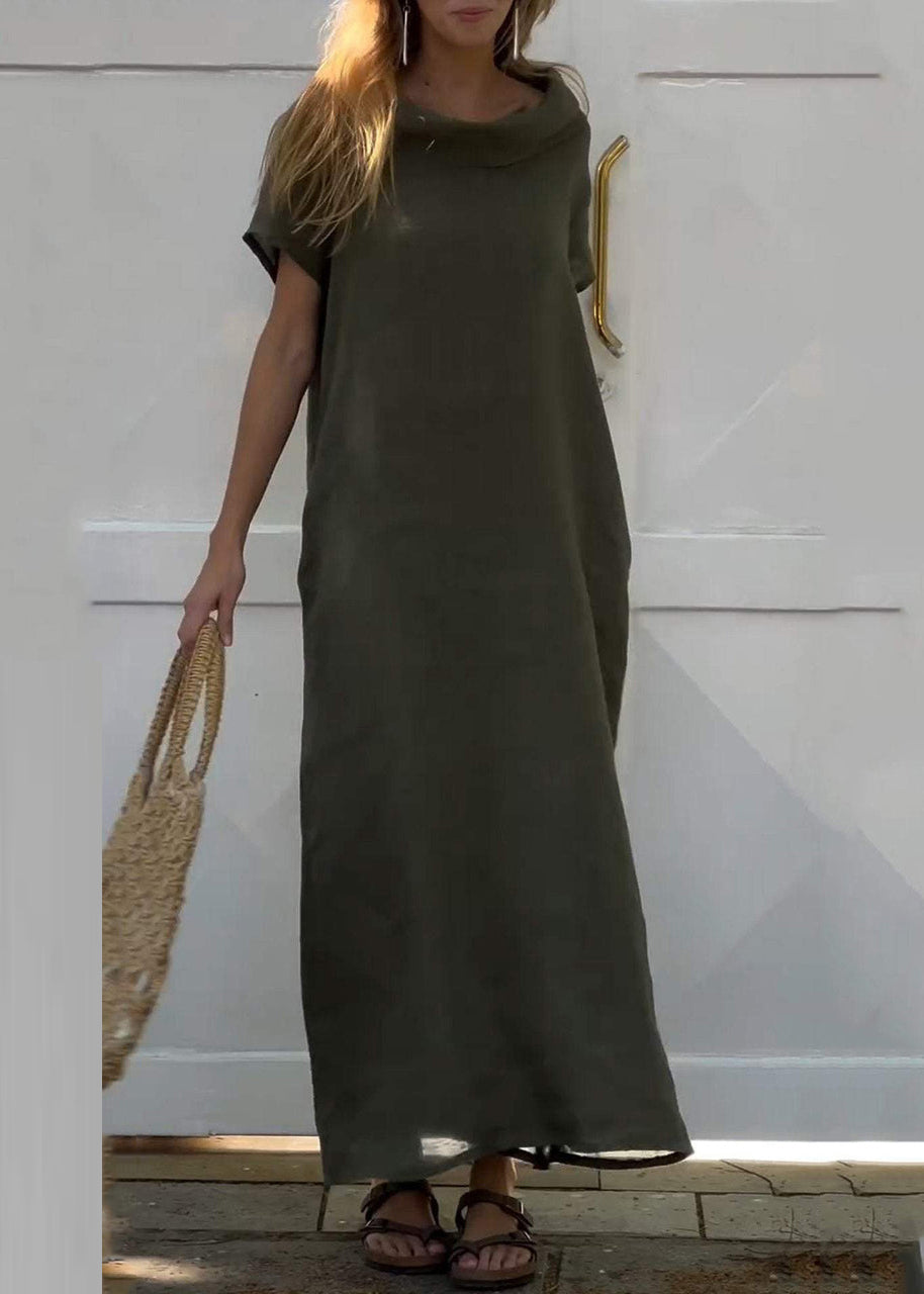 Women Pink Turtle Neck Patchwork Solid Vacation Long Dresses Summer