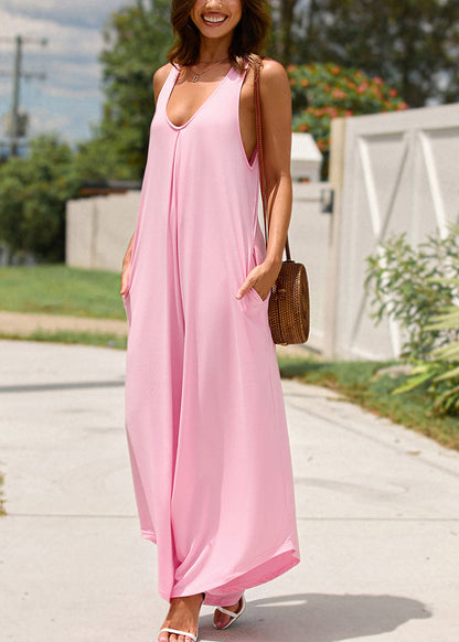 Pink Women Summer Solid U Neck Jumpsuit