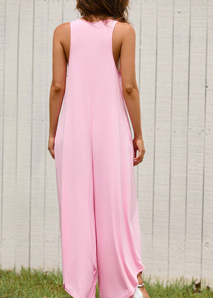 Pink Women Summer Solid U Neck Jumpsuit