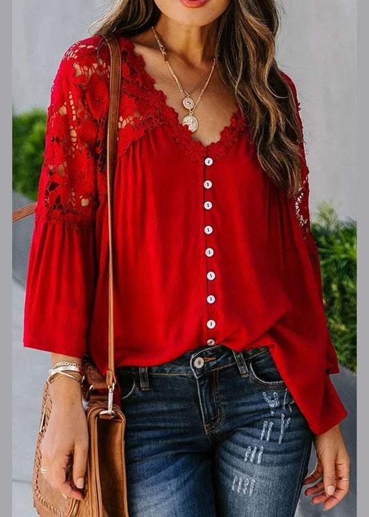 Patchwork Fall Top Women Lace Red Solid