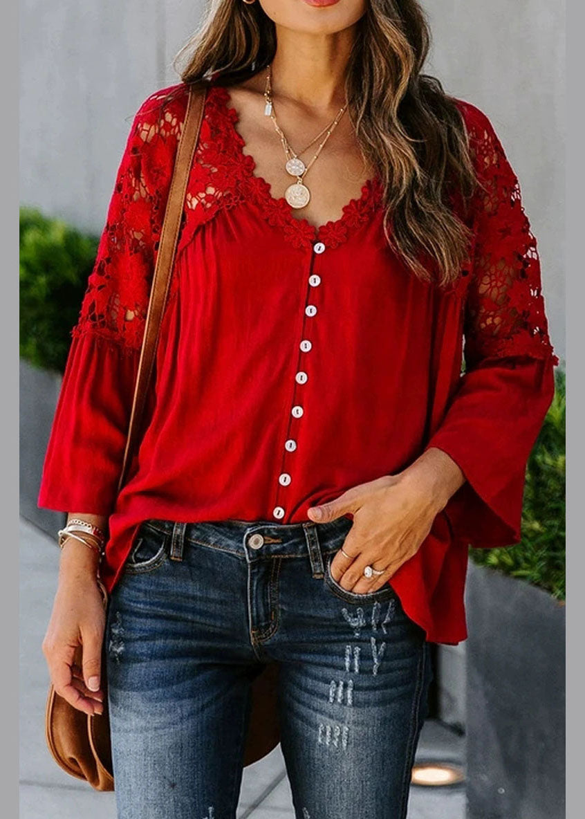 Patchwork Fall Top Women Lace Red Solid