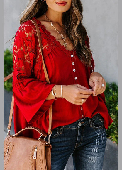 Patchwork Fall Top Women Lace Red Solid