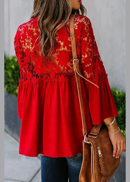 Patchwork Fall Top Women Lace Red Solid