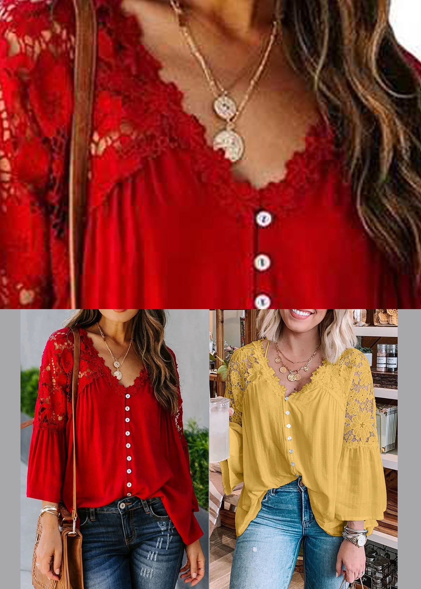Patchwork Fall Top Women Lace Red Solid
