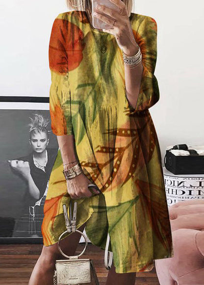 Women Yellow O Neck Print Cotton Mid Dress Summer