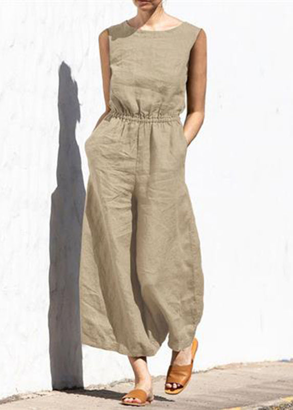 Womens Casual Slim Color Khaki High Sleeveless Fashion Jumpsuit