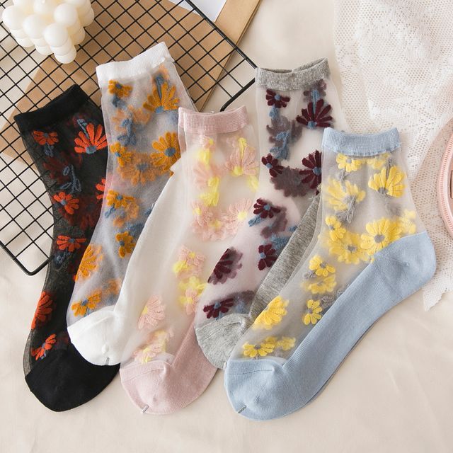 Set Of 3 Pairs: Floral Print Mesh Socks