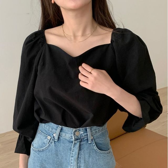 Puff Sleeve Square Neck Plain Blouse