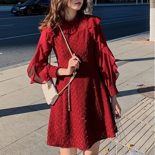 Long Sleeve Ruffled Chiffon Dress