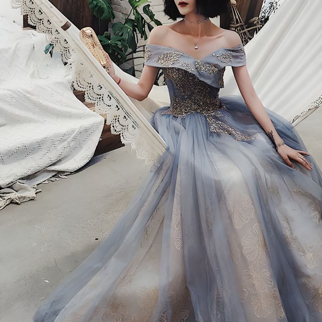 Off-Shoulder Gown Embroidered A-Line