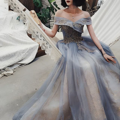 Off-Shoulder Embroidered A-Line Gown