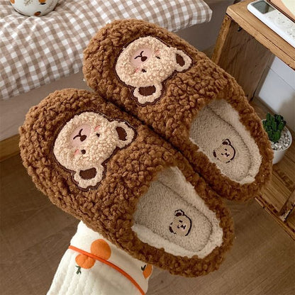 Bear Embroidered Fluffy Home Slippers