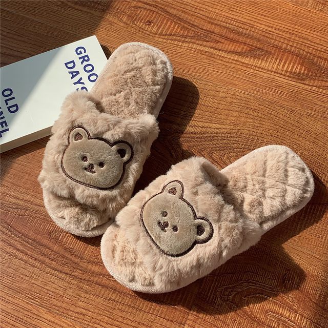 Bear Embroidered Fluffy Home Slippers