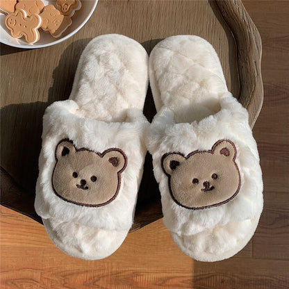 Bear Embroidered Fluffy Home Slippers