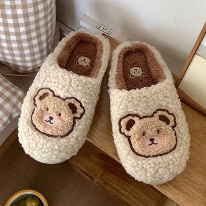 Bear Embroidered Fluffy Home Slippers