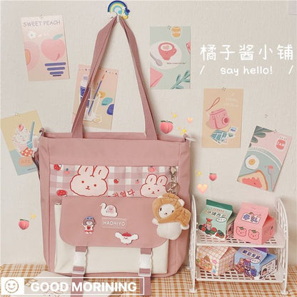 Plaid Panel Buckled Canvas Tote Bag