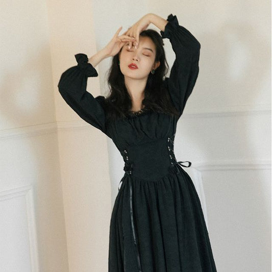 Long-Sleeve Lace Up Midi A-Line Dress