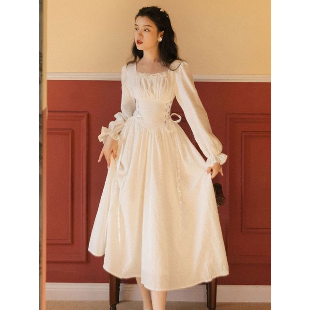 Long-Sleeve Lace Up Midi A-Line Dress