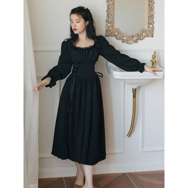 Long-Sleeve Lace Up Midi A-Line Dress