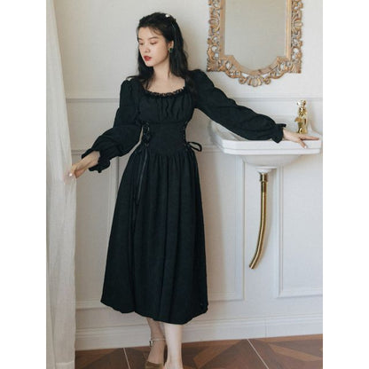 Long-Sleeve Lace Up Midi A-Line Dress