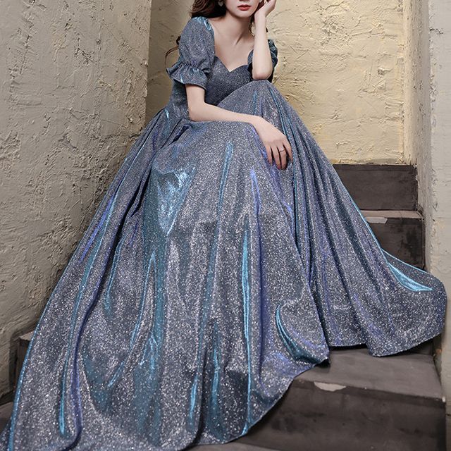 Gown A-Line Evening Short-Sleeve Glitter