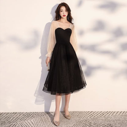 Long-Sleeve Two-Tone Mesh A-Line Evening Dress