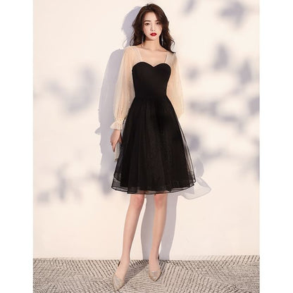 Long-Sleeve Two-Tone Mesh A-Line Evening Dress