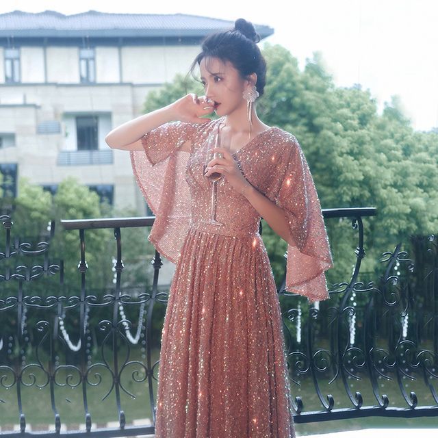 Elbow-Sleeve Sequined A-Line Evening Gown